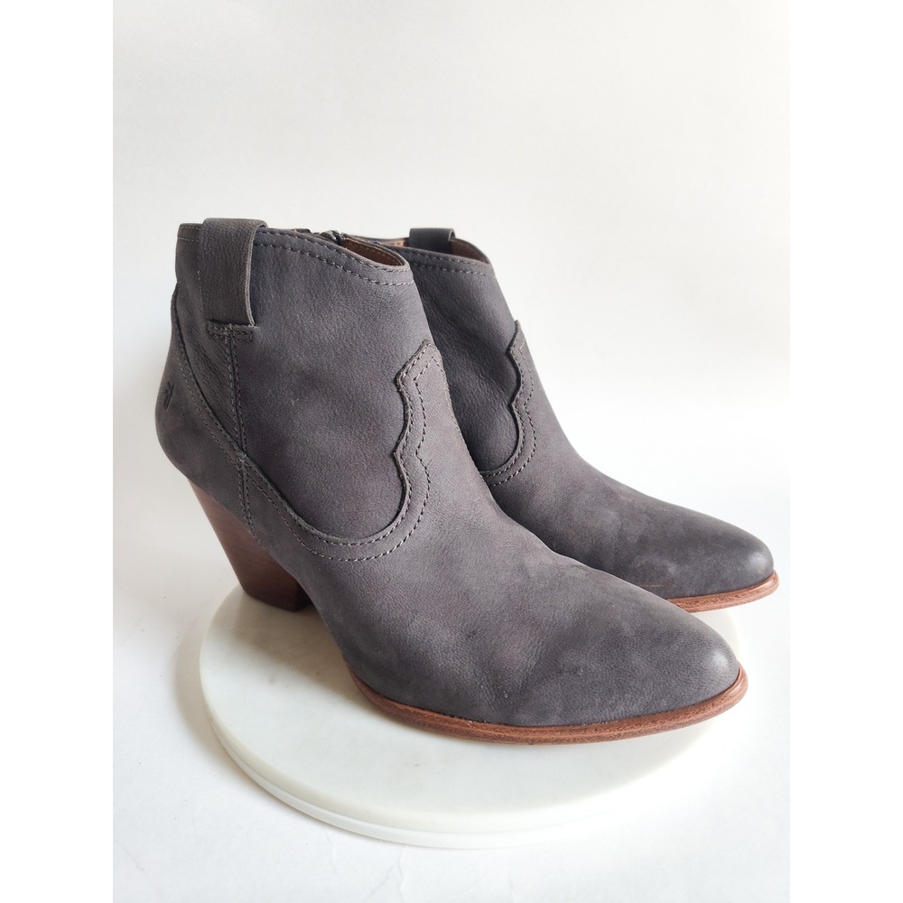 Frye Booties Size 8 Reina Western Ankle Boots Dark Grey Leather Block Heel Rodeo